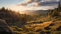 Golden Hour Wilderness Landscape: Photorealistic Image Of A Grassy Valley