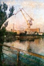 Sunset Sunbeams, Shipyard. A gantry crane in front of the production halls and the sky Royalty Free Stock Photo