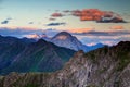 Sharp peaks at sunset in Carnic Alps main ridge and Julian Alps