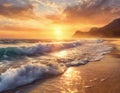 Sunset or sunrise on the beach at golden hour with waves hitting the shore Royalty Free Stock Photo