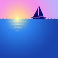 Sunset, sunrise, boat and ocean. Landscape with yacht. Yacht sailing on horizon. Sea cruise Royalty Free Stock Photo