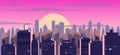 Sunset or sunrise city, skyscrapers modern buildings in dark urban scene. Cityscape dusk mood. Vector illustration Royalty Free Stock Photo