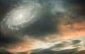 Sunset sunrise cloudy sky with galaxy and stars like fantasy, magic, religious, divine background Royalty Free Stock Photo