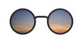 Sunglasses round metallic black with sunrise sunset mirrored on lens, cutout, isolated on a white background, 3d illustration