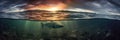 Sunset or sunrise on Island in ocean, abstract see environmental background. Long banner with view on under water life Royalty Free Stock Photo