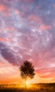 Sunset Sunrise In Misty Autumn Meadow Landscape With Lonely Tree. Sun Sunshine With Natural Sunlight Through Wood Tree Royalty Free Stock Photo