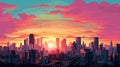 Sunset or sunrise Modern city skyscrapers panorama of tall buildings, urban background. Pop art retro vector illustration comic Royalty Free Stock Photo