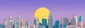 Sunset or sunrise Modern city skyscrapers panorama of tall buildings, urban background Pop art style Royalty Free Stock Photo