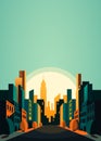 Sunset or sunrise Modern city skyscrapers panorama of tall buildings, urban background. Royalty Free Stock Photo