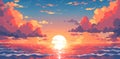 Sunset or sunrise in ocean, nature landscape background, pink clouds. Evening or morning view pixel art illustration.