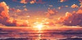 Sunset or sunrise in ocean, nature landscape background, pink clouds. Evening or morning view pixel art illustration.