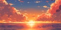 Sunset or sunrise in ocean, nature landscape background, pink clouds. Evening or morning view pixel art illustration.