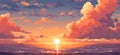 Sunset or sunrise in ocean, nature landscape background, pink clouds. Evening or morning view pixel art illustration.