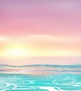 Sunset or sunrise in ocean. Nature landscape background. Pink clouds in sky to shining sun above sea surface. Realistic Royalty Free Stock Photo