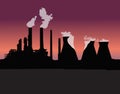 Sunset or sunrise over the city. The orange light. Pipe smoke. Nuclear power plant, heating plant. Vector.