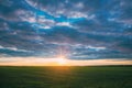 Sunset Sunrise Over Field With Young Wheat Sprouts. Bright Dramatic Sky Above Meadow. Countryside Landscape Under Scenic