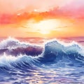 Sunset or sunrise over the sea. Big waves. Bright warm colors. Morning or evening. The beauty of the sea. Seascape, work of art.