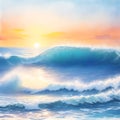 Sunset or sunrise over the sea. Big waves. Bright warm colors. Morning or evening. The beauty of the sea. Seascape, work of art.