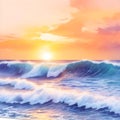 Sunset or sunrise over the sea. Big waves. Bright warm colors. Morning or evening. The beauty of the sea. Seascape, work of art.