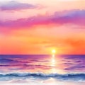 Sunset or sunrise over the sea. Big waves. Bright warm colors. Morning or evening. The beauty of the sea. Seascape, work of art.