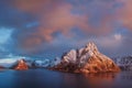 Sunset or sunrise panoramic view on stunning mountains in Lofoten islands, Norway, Mountain coast landscape, Arctic circle.