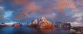 Sunset or sunrise panoramic view on stunning mountains in Lofoten islands, Norway, Mountain coast landscape, Arctic circle.