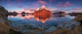 Sunset or sunrise panoramic view on stunning mountains in Lofoten islands, Norway, Mountain coast landscape, Arctic circle.