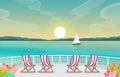 Sunset Sunrise Sea Ocean Landscape View on Cruise Ship Deck Illustration Royalty Free Stock Photo