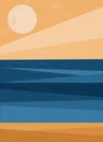 Sunset and sunrise at sea. Water surface sandy beach. Ocean abstract stylish background with tropical coastline. Blue water and