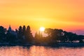 Sunset or sunrise sky above the sea. Nature, weather, atmosphere, travel theme. Sunrise or sunset over the sea. Panorama Royalty Free Stock Photo