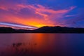 Sunset or sunrise sky clouds over mountains,Beautiful reflex sunset or sunrise light in water surface,Amazing nature landscape Royalty Free Stock Photo