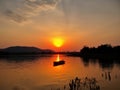 Sunset, Sunrise Summer Landscape.Beautiful Nature.Blue Sky, amazing colorful clouds.Natural Background.Lake, sun. Royalty Free Stock Photo