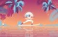 Sunset sup yoga vector concept illustration. Tropical paradise with woman flat character, palms and sea landscape in vibrant