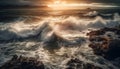 Sunset surf crashing on rocky coastline cliff generated by AI