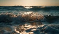 Sunset surf splashing on tranquil coastline horizon generated by AI