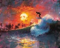 Sunset surfer catching the last wave illustrated with a loose