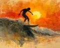 Sunset surfer catching the last wave illustrated with a loose