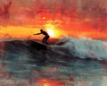 Sunset surfer catching the last wave illustrated with a loose