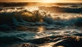Sunset surfers ride crashing waves on idyllic tropical coastline generated by AI