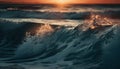 Sunset surfers ride crashing waves on idyllic tropical coastline generated by AI