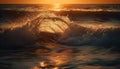 Sunset surfers ride waves, spray splashing motion generated by AI
