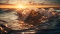 Sunset surfers ride waves in tropical paradise generated by AI