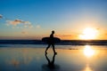 Sunset surfing. Silhouette of man surfer walking with a surf board in his hands across the ocean shore.