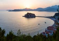 Sunset and Sveti Stefan sea islet (Montenegro) Royalty Free Stock Photo