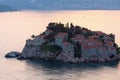 Sunset and Sveti Stefan sea islet (Montenegro) Royalty Free Stock Photo