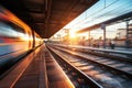 Sunset Symphony Railway Station in Europe - Industrial Landscape with Motion Blur and Orange Sunlight, Embracing the Spirit of