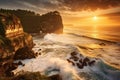 Sunset at Tanah Lot temple in Bali island, Indonesia, Seascape, ocean at sunset, Ocean coast with waves near Uluwatu temple at