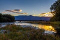 Sunset on the Tekapo River, with mountains in the background in summer