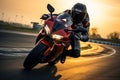 Sunset thrill Sport bike rider races on a high speed track Royalty Free Stock Photo