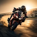 Sunset thrill Sport bike rider races on a high speed track Royalty Free Stock Photo